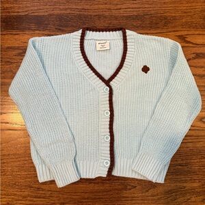 Kids' Light Blue Cardigan Sweater with Brown Trim